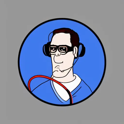 Image similar to svg sticker, centered, round-cropped, white-space-surrounding, Hank-Hill listening to headphones, flat colors, vector art