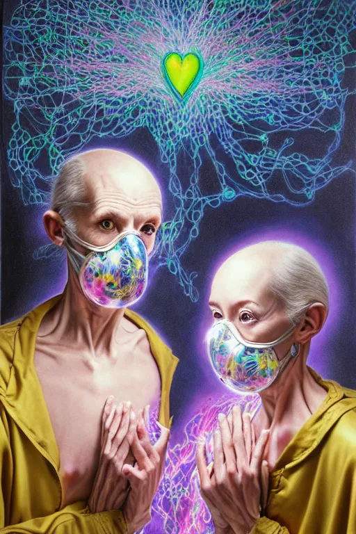 Prompt: Two skinny old people draped in silky gold, green and pink, gas masks connected to heart bypass machines, inside an abandoned hospital room, they sit next to a fireplace with swirling blue flames, the world is insane, lost in despair, Ayami Kojima, mark brooks, hauntingly surreal, highly detailed painting by Mariko Mori, part by James Jean, part by Gerhard Richter, Soft light 4K