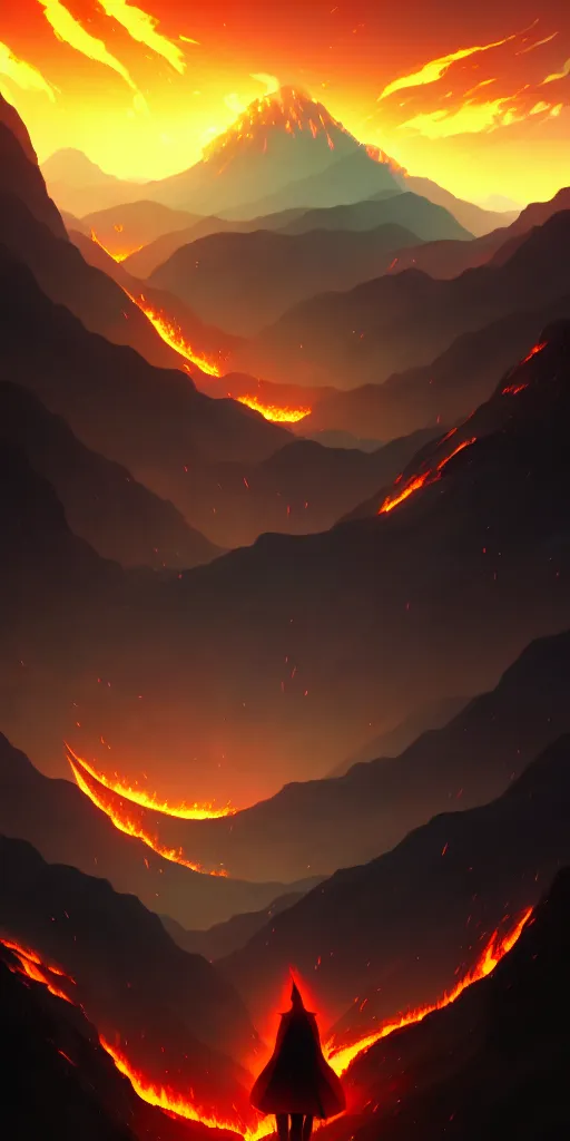 Prompt: a demonic figure obscured by fire. mountains in background, by nashimanga, anime illustration, anime key visual, beautiful anime - style digital painting by wlop, amazing wallpaper