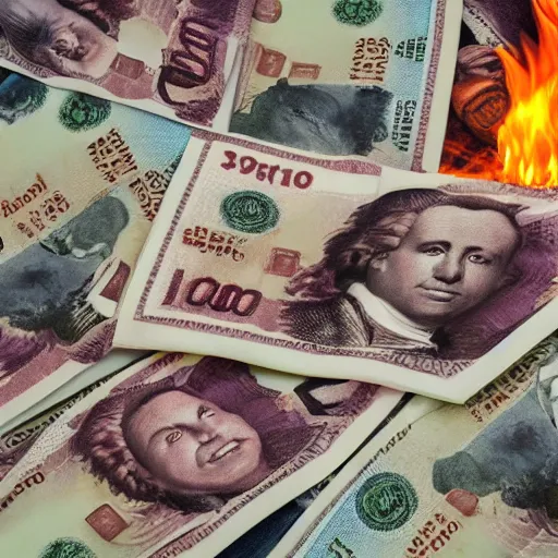 Image similar to pile of Canadian money on fire, flames, photograph, high quality, 4K