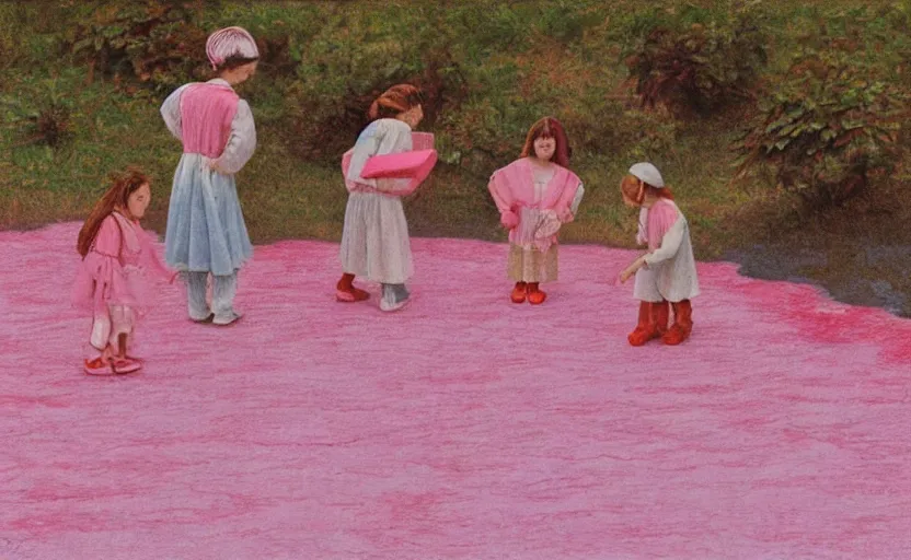 Image similar to kids wearing a codex seraphinianus costume in a pink lake h 1 2 0 0