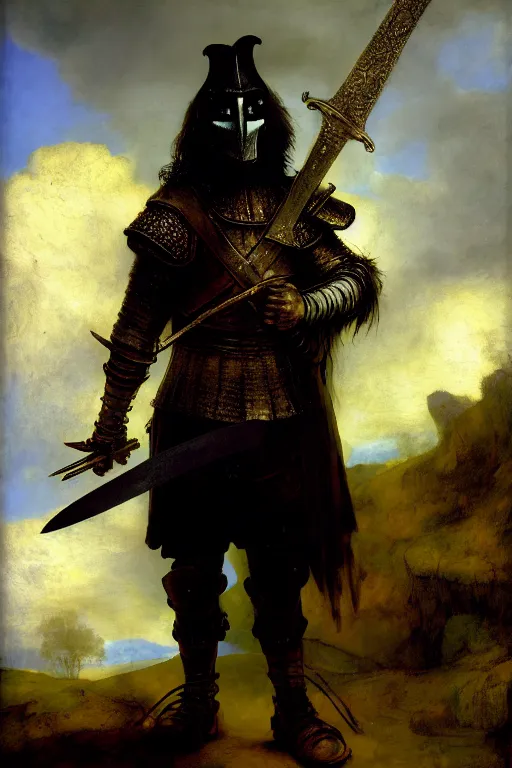 Prompt: a bipedal raven that is wearing full iron plate armor, and holding a two - handed sword, as a matte oil painting and d & d art, by rembrandt, standing, fullbody, crows, cumulus clouds, blue fog, sharp focus, award - winning, extremely detailed, 4 k,