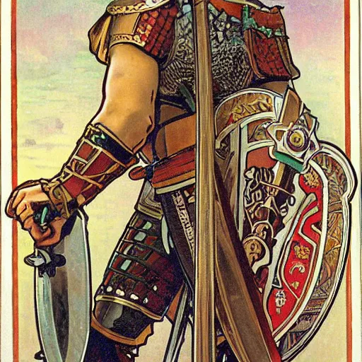 Prompt: germania in full plate armour, sword, shield, painted by alphonse mucha