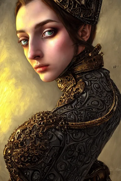 Image similar to high quality extremely detailed closeup portrait of a young attractive female necromancer looking away from the camera, dressed, realistic eyes, sparkle in eyes, no hands visible, baroque architecture in background, fantasy, d & d, intricate, painting by lucian freud and mark brooks, hd