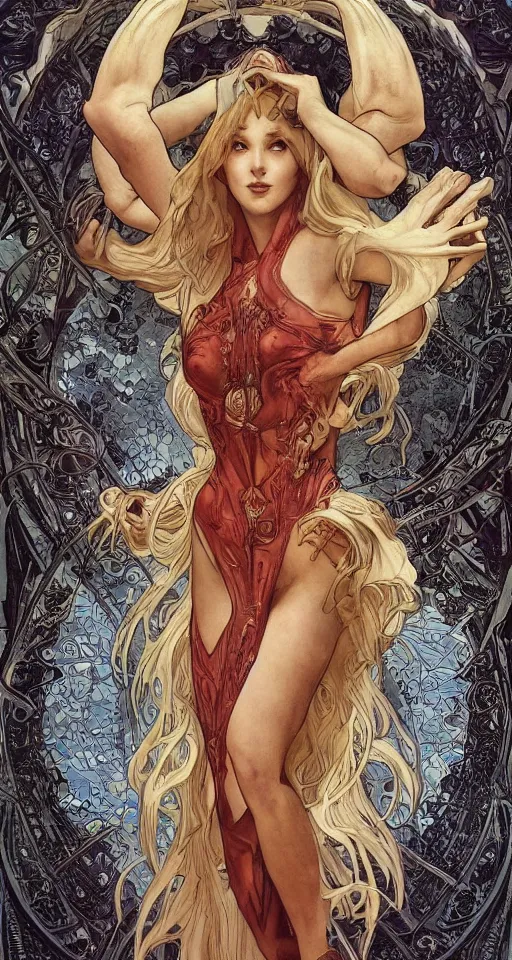 Image similar to 3/4 body portrait of the firedragon quee by artgerm and H R Giger and alphonse mucha, Dragon in dragon lair, HD, full body dragon concept, flying dragon, Human body with dragon features, beautiful queen, perfect face, fantasy, intricate, elegant, highly detailed, digital painting, artstation, concept art, smooth, sharp focus, illustration, ray tracing, 4k realistic 3d rendered portrait, soft shading, soft colors, relaxed colors, hyperdetailed, wide angle lens, fantasy, futuristic horror, armor style of giger