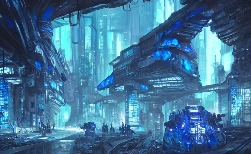 Prompt: cyberpunk factory in a dark cave, blue crystals, hyper detailed, realistic, intricate, concept art by frank hong, mate painting, artstation
