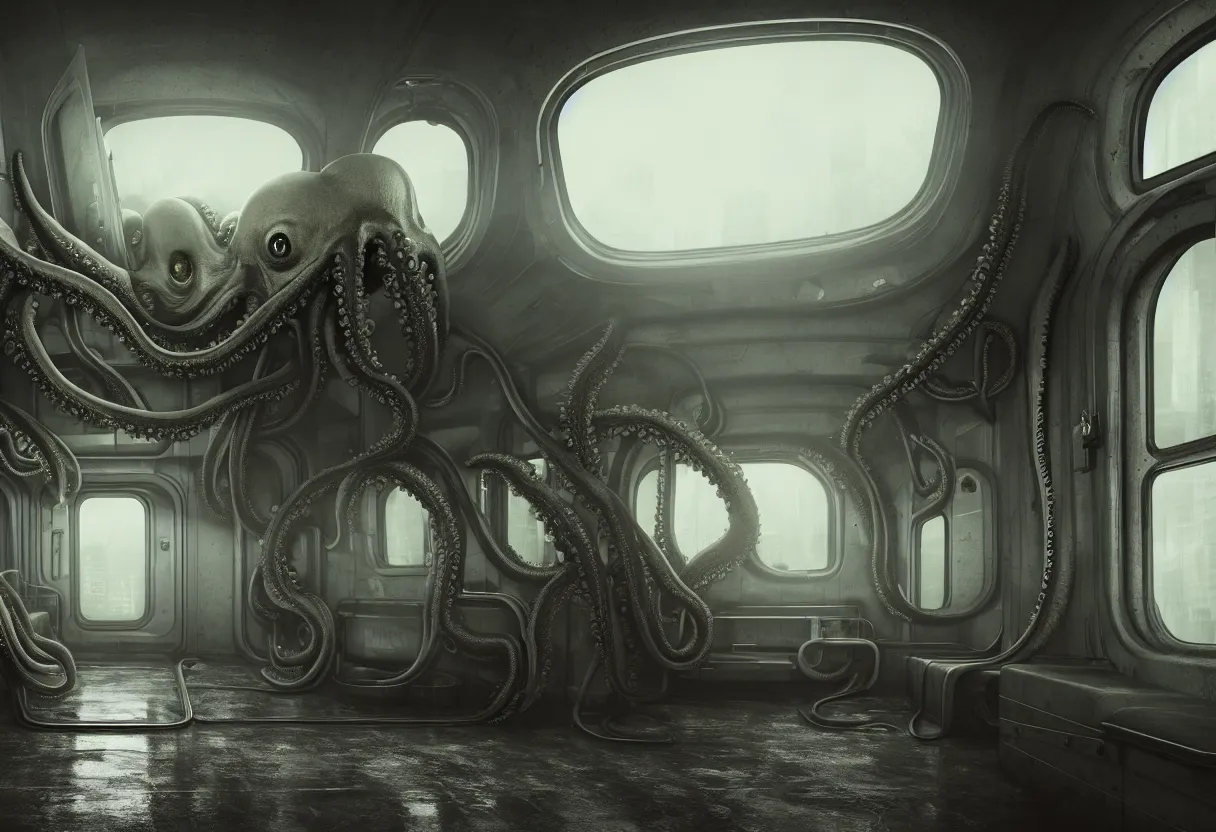 Image similar to the interior of a busy subway wagon, there is a huge monster octopus on the interior, tentacles creeping in through the windows and gaps, octane render, 4 k, urban photography,