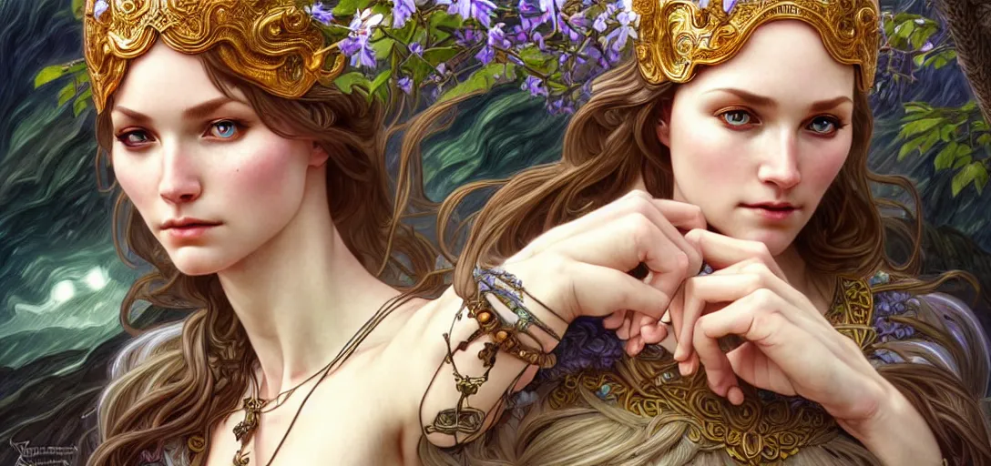 Prompt: a beautiful nordic goddess fighting a sasquatch, beautiful detailed eyes, cute, fantasy, intricate, elegant, highly detailed, digital painting, 4 k, hdr, concept art, detailed jewelry, smooth, sharp focus, illustration, art by artgerm, da vinci and alphonse mucha