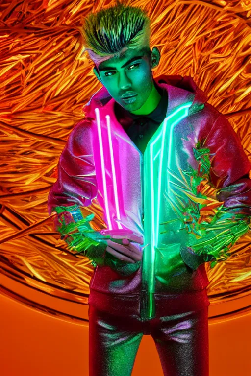 Prompt: hyper detailed ultra sharp portrait of baroque and bladerunner delicate neon ruby sculpture of seductive albino zayn malik gorilla green radioactive humanoid deity wearing metallic hoody made out of leaves holding the sun prismatic dungeon, glowing rainbow face, crown of white diamonds, cinematic lighting, photorealistic, octane render 8 k depth of field 3 d