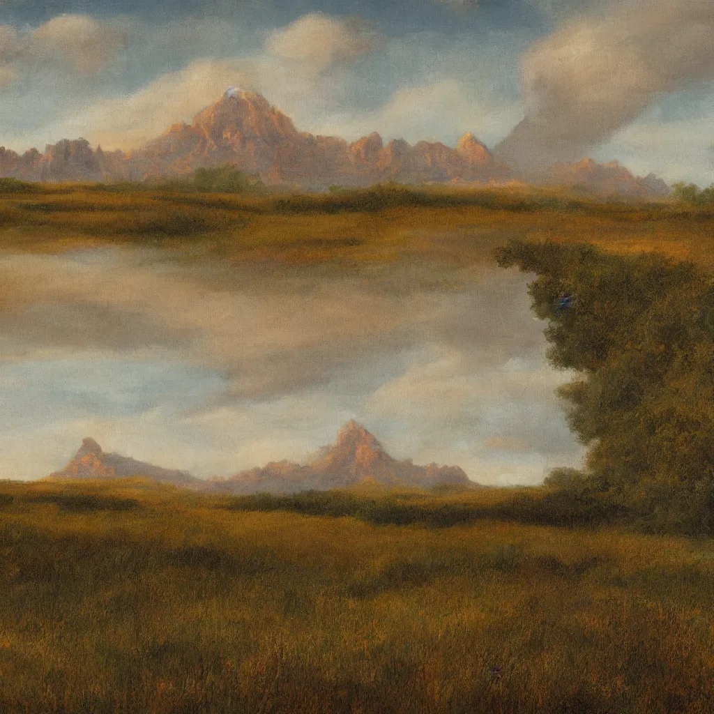 Prompt: a wide angle landscape of a prairie with a very large thin spire mountain in the distance in the style of rococo digital painting
