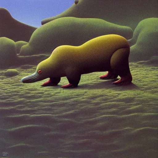 Image similar to platypus on vacation landscape painting by Zdzisław Beksiński