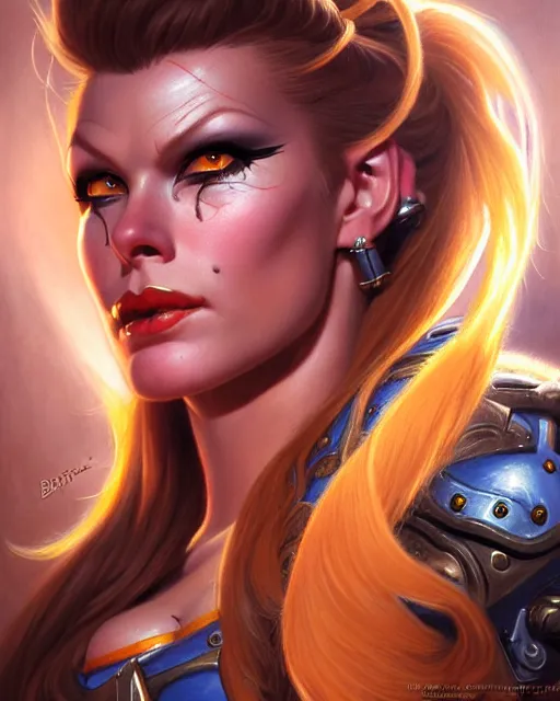 Image similar to brigitte from overwatch, fantasy, fantasy art, character portrait, portrait, close up, highly detailed, intricate detail, amazing detail, sharp focus, vintage fantasy art, vintage sci - fi art, radiant light, caustics, by boris vallejo