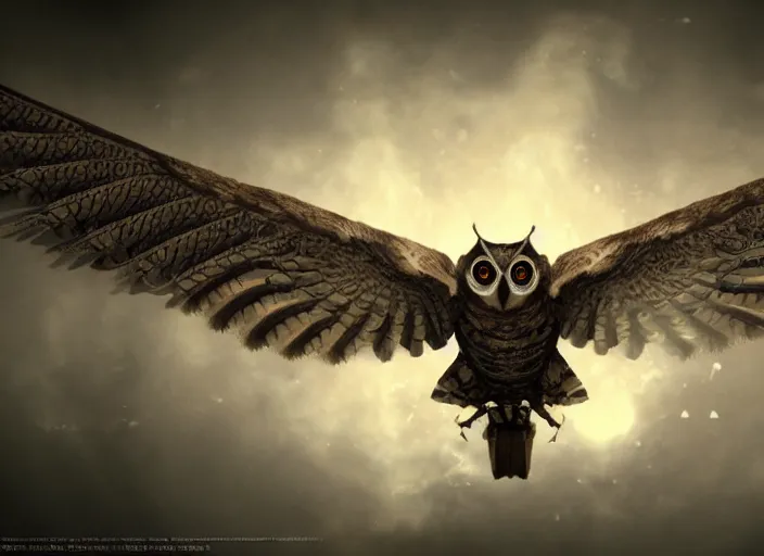 Image similar to a flying Warrior owl art nuveau, steampunk, symmetry, cinematic lighting , unreal engine,