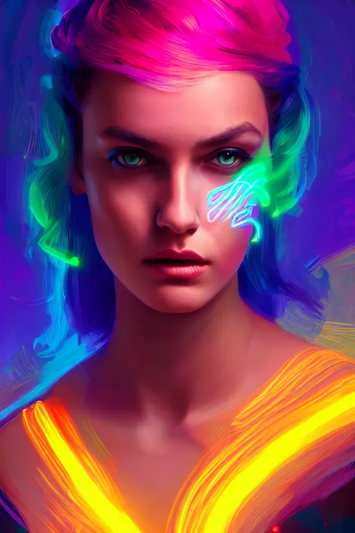 Image similar to a award winning portrait of a beautiful woman with stunning eyes in a one off shoulder crop top and cargo pants with rainbow colored hair, outlined by whirling illuminated neon lines and fine lines swirling in circles by greg rutkowski, digital art, trending on artstation