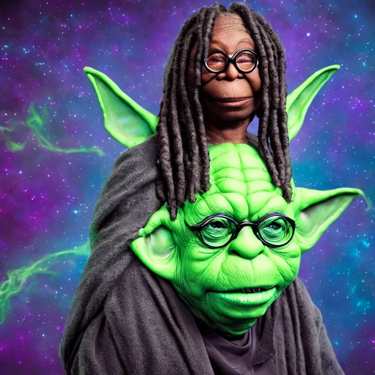 Image similar to whoopi goldberg yoda hybrid from star wars, high quality portrait photoshoot, bokeh, studio lighting, high fashion photoshoot, nebula space background, 8 k