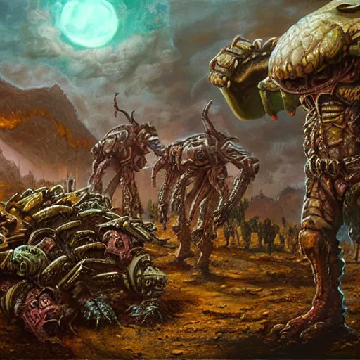 Image similar to extraterrestrial brutal warfare between rival warlords, violent, on ancient post - apocalyptic planet, jim henson creature shop, vivid and colorful, thomas kincaid, cinematic, oil painting, highly detailed, illustration