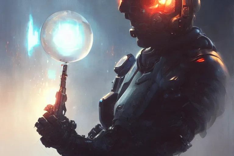 Image similar to portrait sci-fi art by Greg Rutkowski and Ruan Jia, a glowing alien bubble floating above the hand of a soldier, futuristic environment, detailed and intricate environment, high technology, highly detailed portrait, digital painting, artstation, concept art, smooth, sharp foccus, ilustration, Artstation HQ