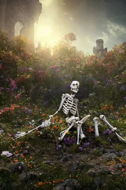 Image similar to a human skeleton full of flowers sitting in a destroyed and ruined throne in a ruined castle at sunrise, concept art, octane render, unreal engine 5, trending on Artstation, high quality, 8K, soft lighting, trending on DeviantArt, highly detailed, digital art, hyperrealistic, path traced, godrays, complementary colors, natural lighting