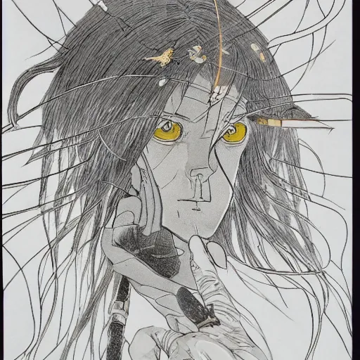 Prompt: prompt: portrait drawn by Katsuhiro Otomo, inspired by Lord of The Rings characters, magical and alchemical objects on the side, soft light, white background, intricate detail, intricate ink painting detail, sharp high detail, manga and anime 2000