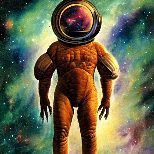 Image similar to photoreal, full body portrait of an amphibian beast in a space helmet on a rocky planet, nebula milky way background, by norman rockwell and boris vallejo, artstation, concept character art