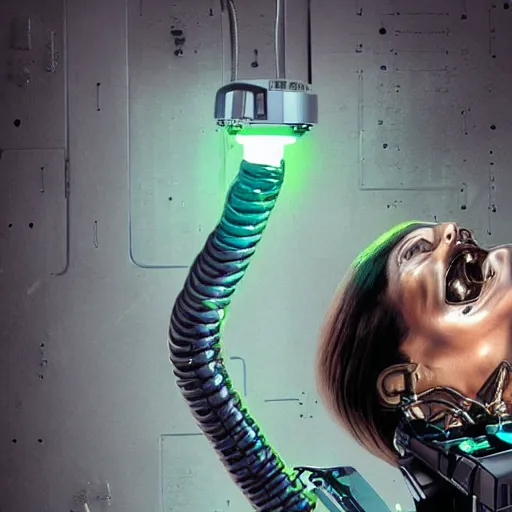 Image similar to the upper torso of a terminator cyborg lady with borg implants, human face and robotic snakes coming out of her head. She is hanging from cables and wires off the ceiling of an abandoned lab and plugged into a server computer. Her bottom half is missing with cables hanging out. She is taking a sip from a cup of coffee. Tiny green led lights in her cybernetics. very detailed 8k. Horror cyberpunk style.