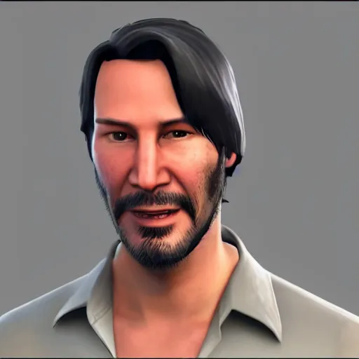 Image similar to gameplay footage of Keanu Reeves in Team Fortress 2, 3d Render, source engine