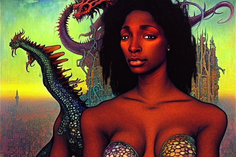 Image similar to realistic extremely detailed closeup portrait painting of a beautiful black woman with a mutant dragon, dystopian city on background by Jean Delville, Amano, Yves Tanguy, Ilya Repin, Alphonse Mucha, Ernst Haeckel, Edward Robert Hughes, Roger Dean, heavy metal 1981, rich moody colours