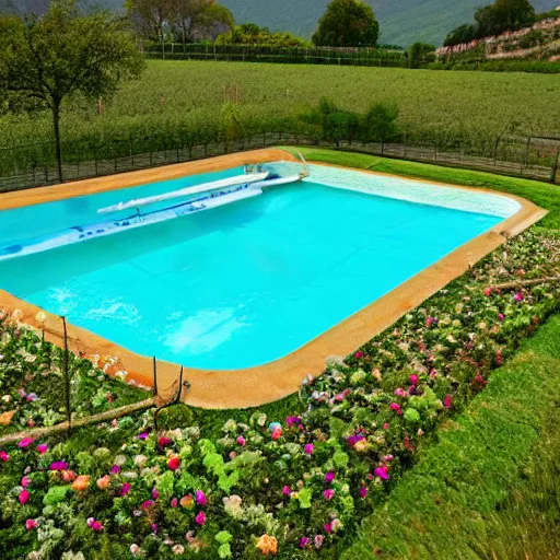 Image similar to flowers and vines creep in a field with a majestic swimming pool