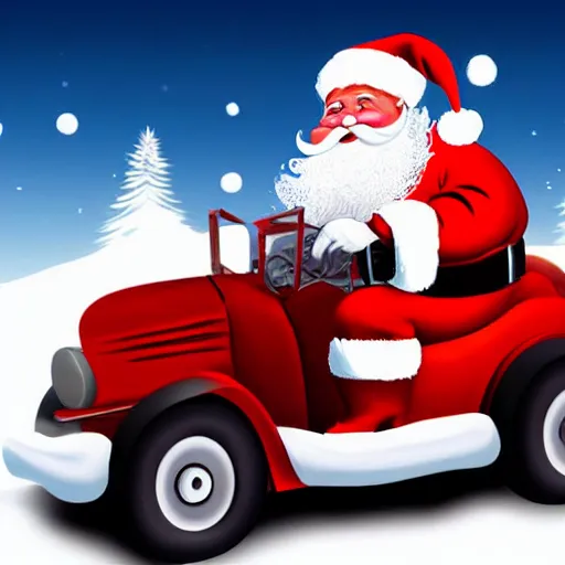 Image similar to Santa Clause driving a rally car he is going fast there is smoke coming from the tires there is snow on the track you can clearly see Santa Clause driving he is fat and jolly, realistic lighting, realistic shadows, highly reflective, photo realistic, hyper realistic