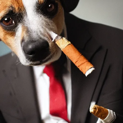 Image similar to a high detail closeup photograph of a dog wearing a suit 👔,and smoking a cigarrette🚬, award wining photograph