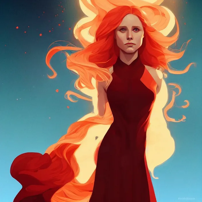 Image similar to style artgerm, joshua middleton, beautiful kristen bell with dark red dress, very long orange hair, symmetrical face, symmetrical eyes, fire powers fire swirling, detailed, volcano setting, cinematic lighting