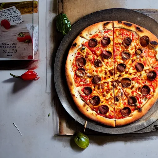 Prompt: a cookbook photo of a burnt pizza