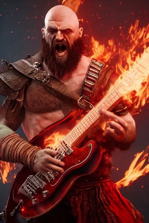 Image similar to screaming kratos rocking out on a flaming stratocaster guitar, cinematic render, god of war 2 0 1 8, playstation studios official media, lightning, flames, left eye stripe, left eye stripe, clear, coherent