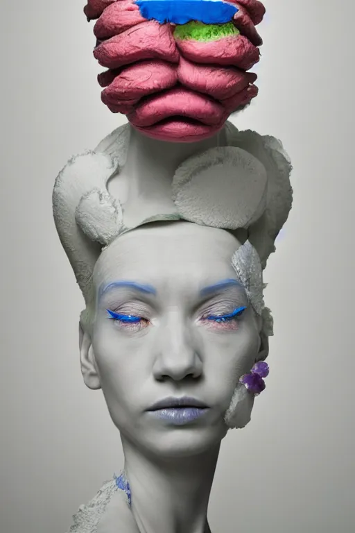 Image similar to 3 d full head and shoulders beautiful porcelain colourful woman with a sad expression and crying eyes by theodor seuss geisel and daniel arsham