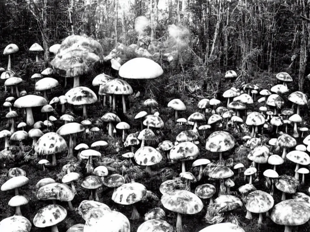 Image similar to 70s photo of giant mushrooms at trippy psychedelic hippy festival Woodstock stage show