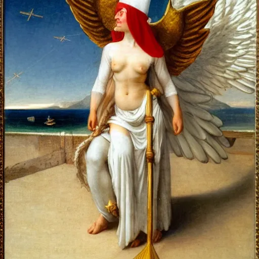 Image similar to An angel with jester hat and clothes on a greek circle archi on the front of a Balustrade with a beach and a sail boat on the background, major arcana cards, by paul delaroche and arnold böcklin hyperrealistic 8k, very detailed