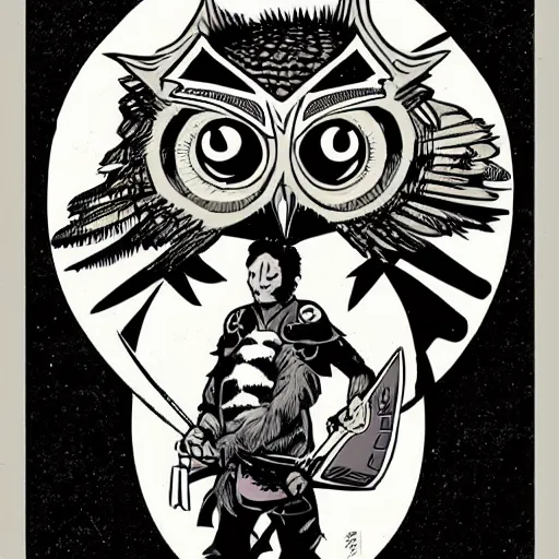 Image similar to a portrait of an owl warrior, comicbook art, in the style of mike mignola,