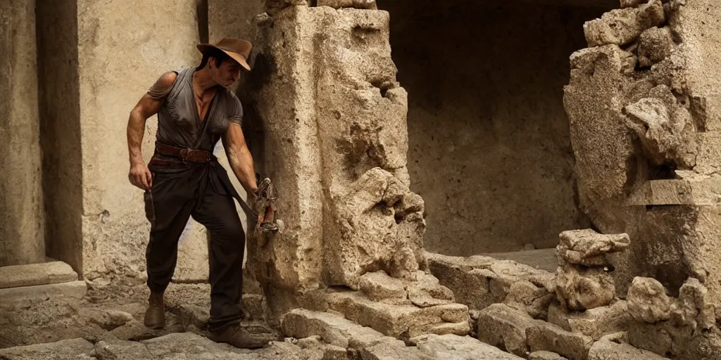 Image similar to film frame of fabio rovazzi taking a trasure from an ancient temple. indiana jones style 4 k quality rule of thirds fabio rovazzi dressed as indiana jones detail cinematic color grading by christopher nolan. portrait photography. close shot