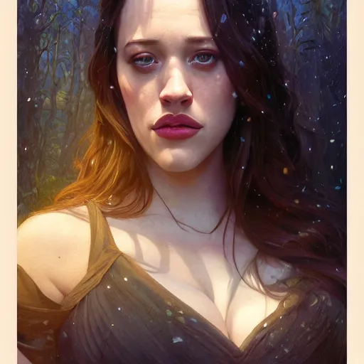 Image similar to Hyper realistic detailed portrait of Kat Dennings, Stephen Bliss, unreal engine, fantasy art by Greg Rutkowski, Loish, Rhads, ferdinand knab, Makoto Shinkai and Lois van baarle, ilya kuvshinov, rossdraws, Tom Bagshaw, alphonse mucha, global illumination, radiant light, detailed and intricate environment, highly detailed, award winning art