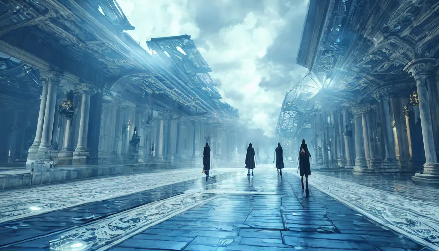 Image similar to Fashion Catwalk!! Walkway in an Angelic Floating City in the Clouds, Hyperrealistic, Intricate Details, Raytracing, Volumetric Lighting, Lightshafts, Blue and White Color Palette, Unreal Engine 5, Photorealism, Concept Art