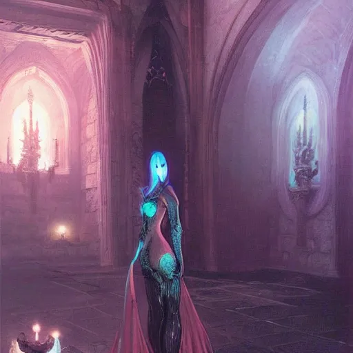 Prompt: dark evil girl inside a castle, beautiful girl, darkness aura, full body, artstation, Hajime Sorayama, Bruce Pennington,