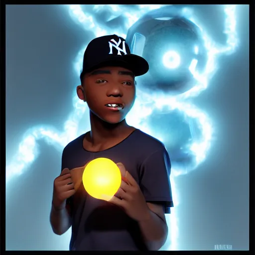Prompt: black male teen wearing a yankees cap holding a glowing power orb. trending on artstation, octane render, ultra detailed, art by ross tran