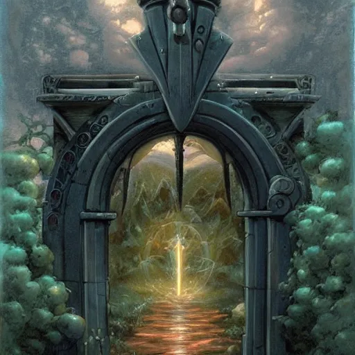 Image similar to gate portal with another world visible inside style studio ghibli and Gerald Brom, dreamy, mystical, dark