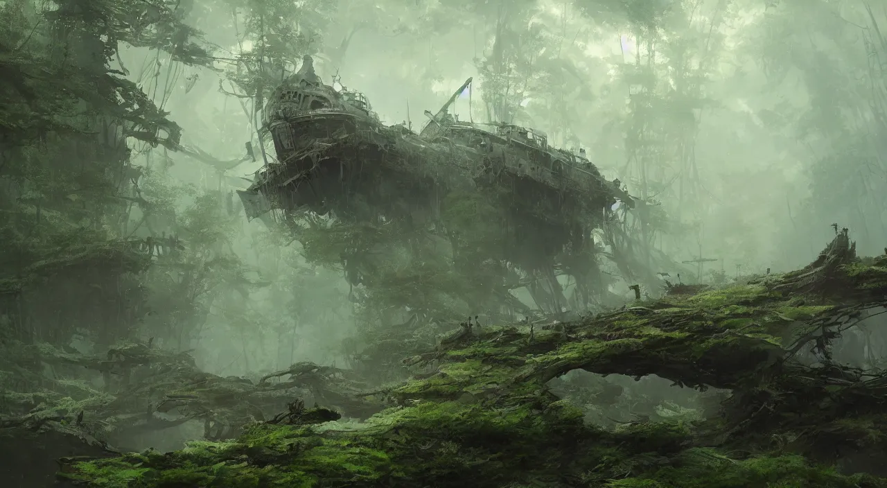 Image similar to rusty warship dreadnought shipwreck in a lush forest, sci-fi, ivy, moss, trending on artstation, concept art by Greg Rutkowski and Sebastian Luca, global illumination