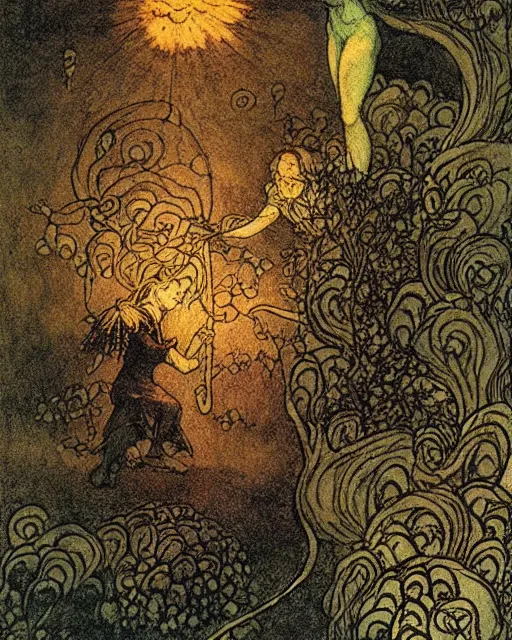 Image similar to a person conjuring!!! an image!!! from of noise!!!, by arthur rackham, maxfield parrish, and larry elmore, bright technicolor, intricate, chaotic, fantasy realism, hopeful, volumetric lighting