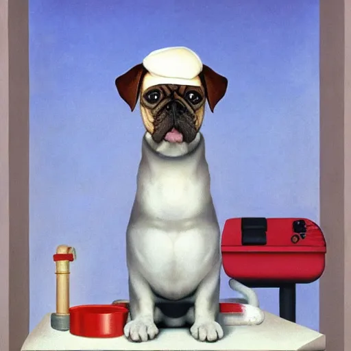 Image similar to a plumber-dog by Raphael, Hopper, and Rene Magritte. detailed, romantic, enchanting, trending on artstation.