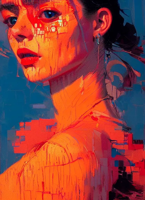 Image similar to portrait of beautiful girl, ibiza, sunset, shades of orange and red, beautiful face, rule of thirds, intricate outfit, spotlight, by greg rutkowski, by jeremy mann, by francoise nielly, by van gogh, digital painting