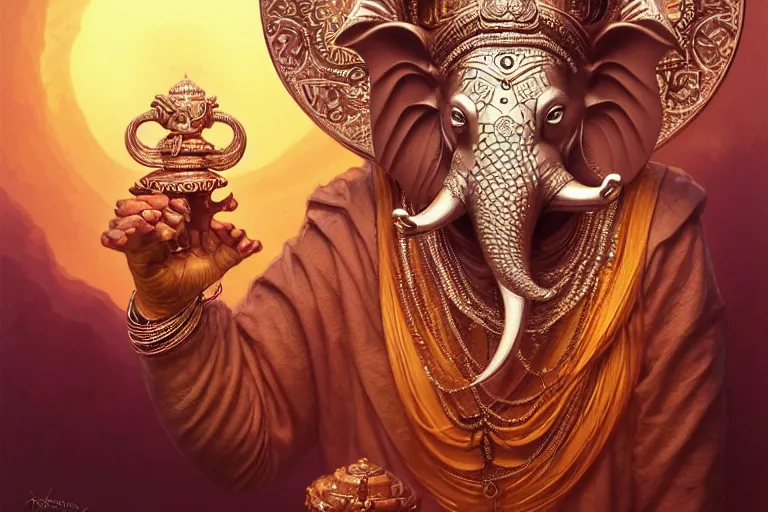 Image similar to rhodium ganesha, mandala, fantasy, intricate, elegant, highly detailed, digital painting, artstation, concept art, matte, sharp focus, illustration, art by artgerm and greg rutkowski and alphonse mucha