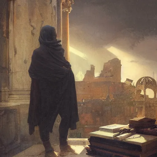 Image similar to half portait of magican wearing a cowl with big old book!, jeremy mann, jean leon gerome, tiepolo, alphonse mucha, greg rutkowski, face in the shadows, ( ( ruins of ancient rome ) ), at dusk, mysterious atmosphere, sunrays, dof, masterpiece, high detailed, 8 k