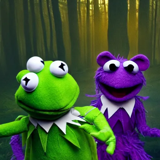 Prompt: demonic muppets in magical forest, kermit, elmo, dark atmosphere, soft lighting, high detail, 8 k